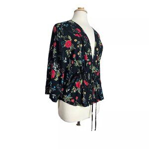 Floral Kimono Top XS Black Red Cinched Tie Front Express Wide Sleeve Rayon